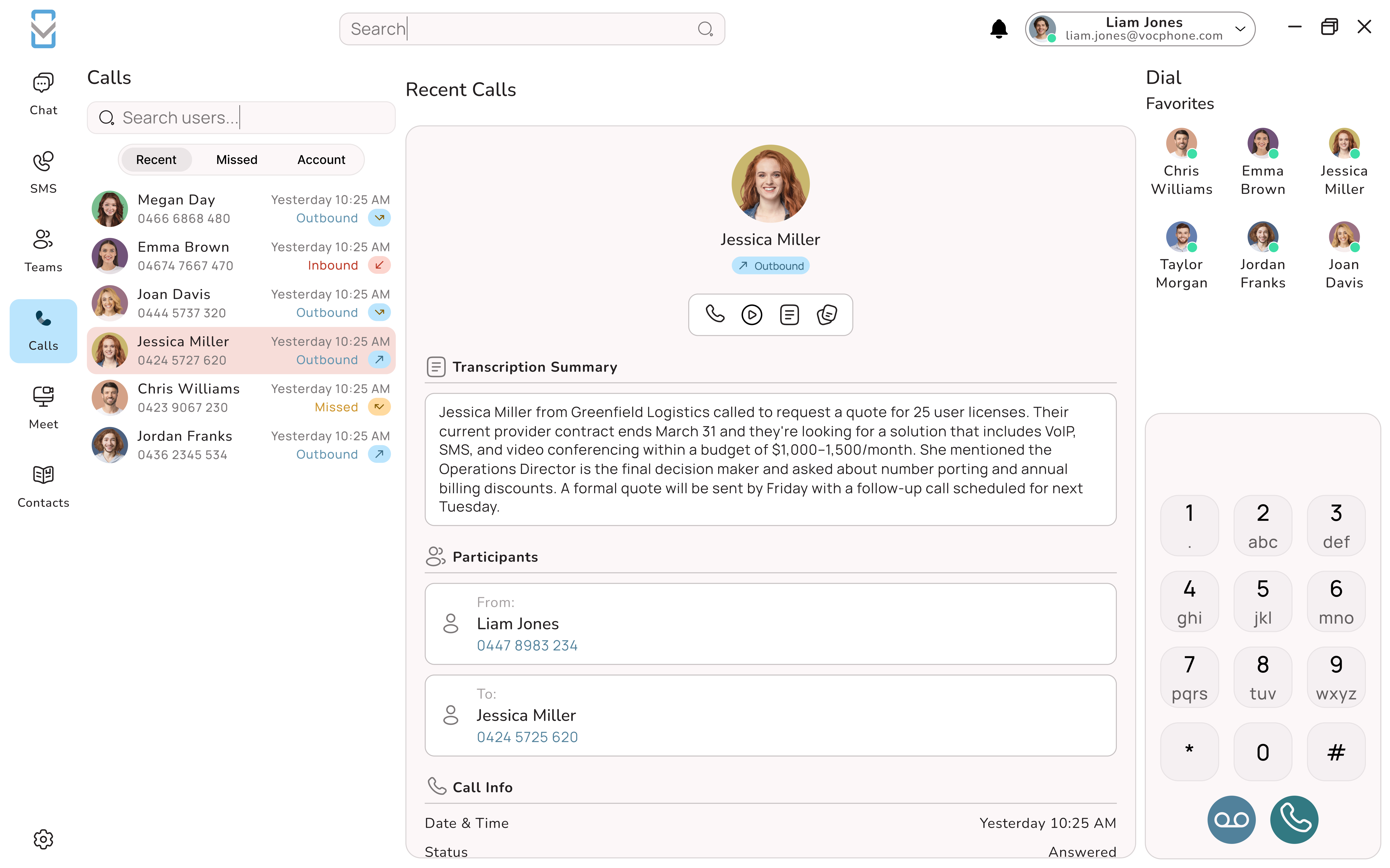 Uniden Voice Over Cloud desktop app - Calls view showing recent call history and dial pad